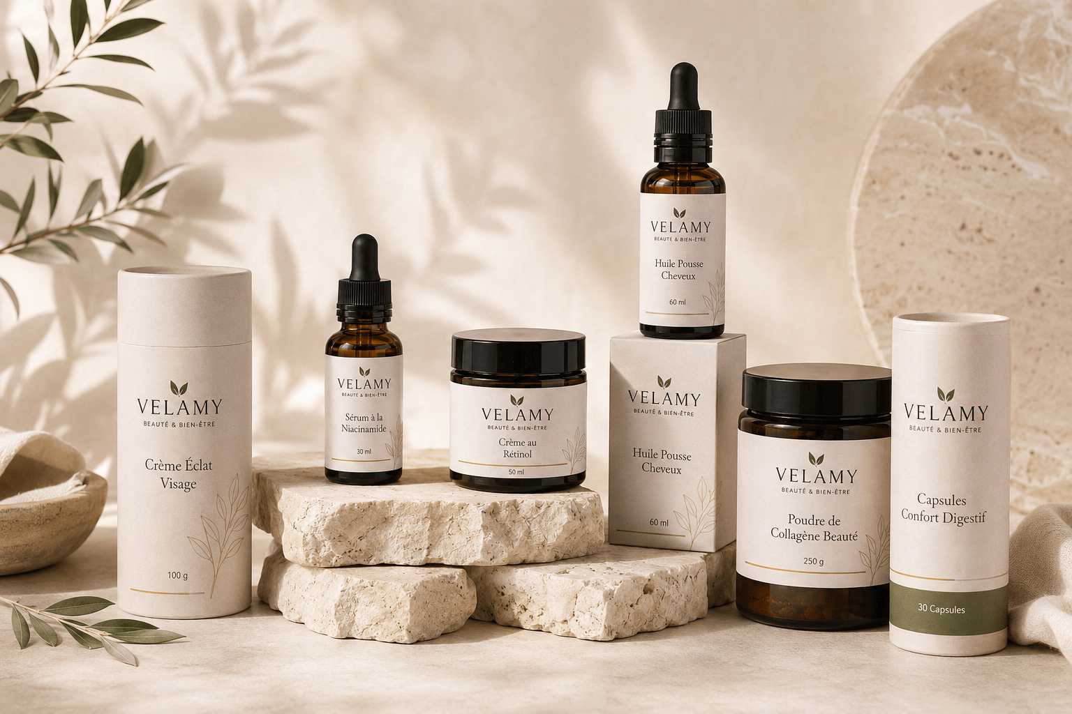 Produits Velamy de beauté et compléments alimentaires naturels présentés dans un décor premium avec sérums, crème, poudre de collagène et capsules.